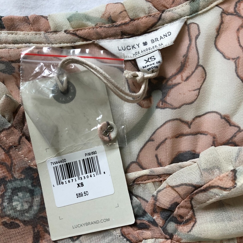 Lucky Brand Top Womens XS Floral Tan Pink Blush Peasant Bell Sleeve Sheer NWT - Picture 4 of 16